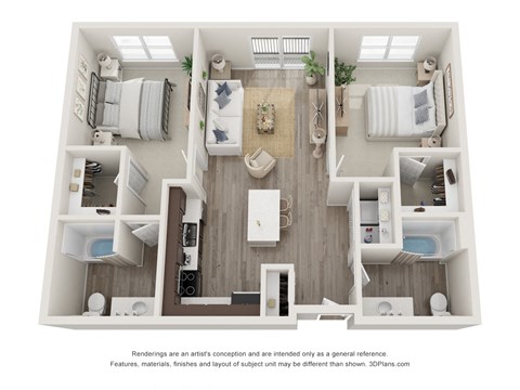 Floor plan for 2 beds, 2 baths, 998 sqft